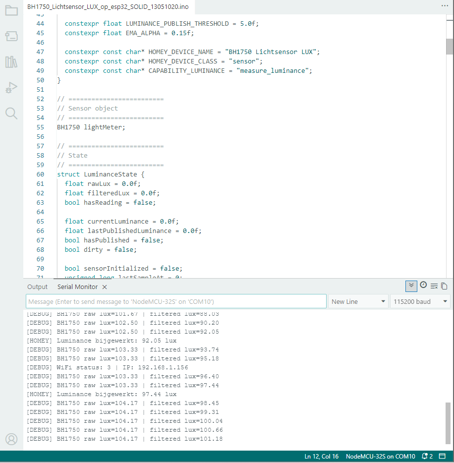 Arduino IDE Serial Monitor met debuggegevens van de BH1750 lichtsensor