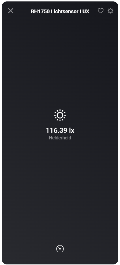 BH1750 lichtsensor uitgelezen in de Homey app met helderheidswaarde in lux