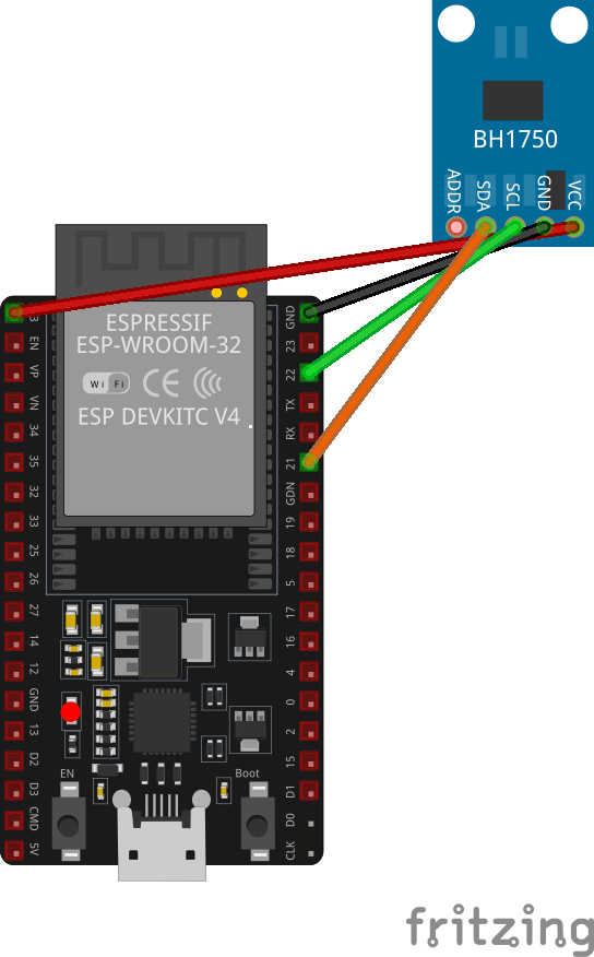 Aansluitschema van BH1750 lichtsensor op ESP32 DevKit voor Homeyduino