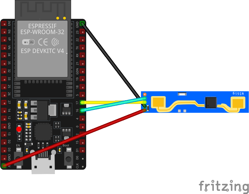 Aansluitschema voor de LD2410 op een NodeMCU-32S board.