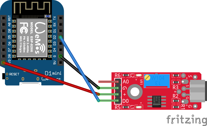 Schema of foto van de geluidssensor KY-37 aangesloten op een Wemos D1 Mini