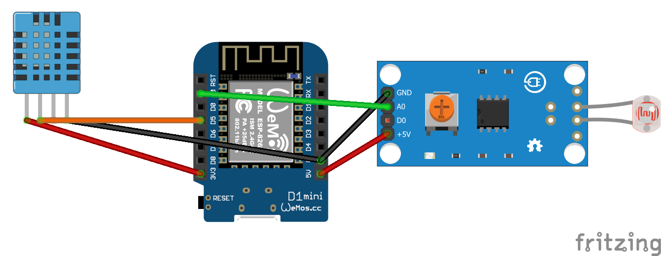 Aansluitschema van een DHT11 en LDR op een ESP8266 of Wemos D1 Mini