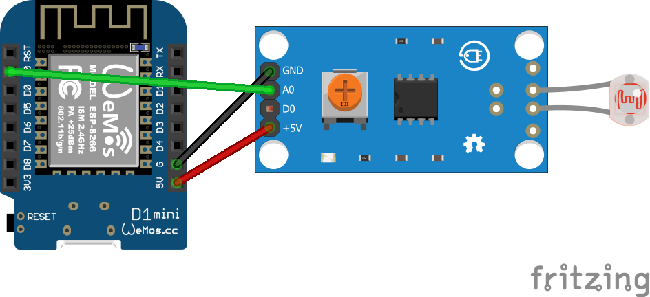 Aansluitschema van een LDR-module op een ESP8266 of NodeMCU via de digitale uitgang