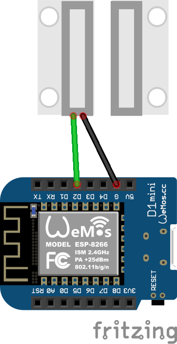 Schema of foto van de deur- en raamsensor MC-38 aangesloten op een Wemos D1 Mini
