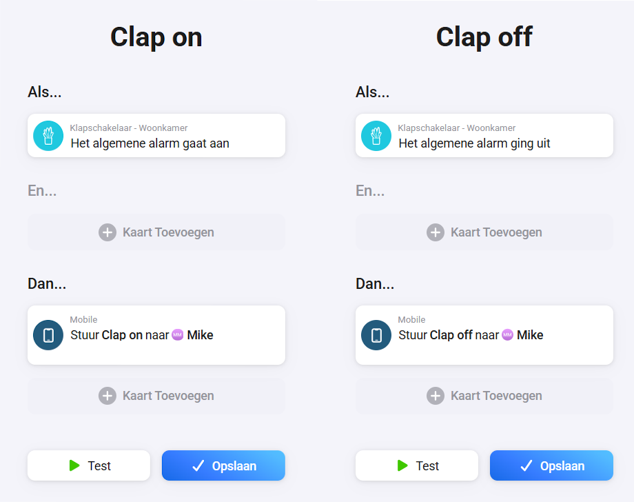 Voorbeeld van een Homey-flow die reageert op de alarm_generic status van de clapper