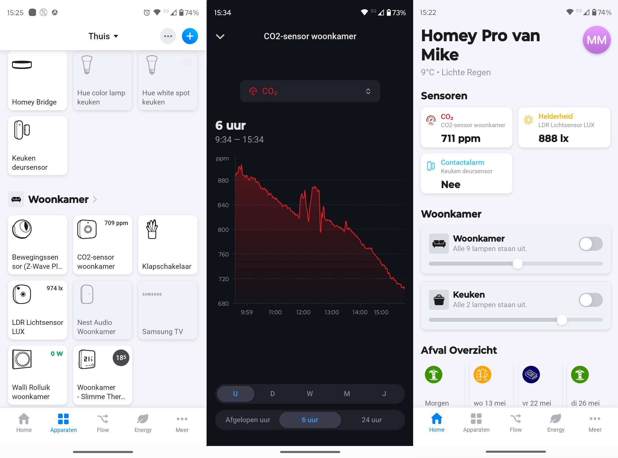 De Homey app met apparaten en automatiseringen in beeld