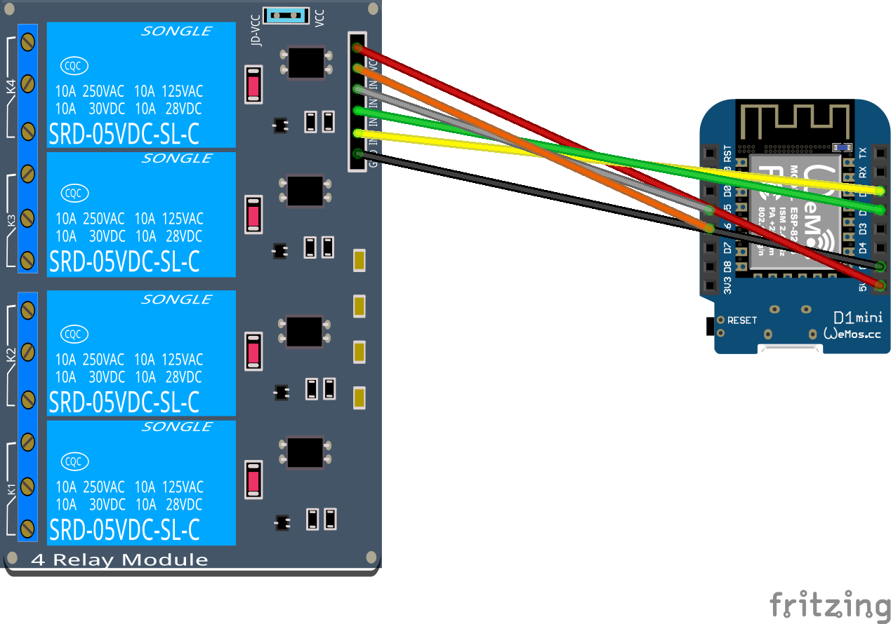 4-kanaals relaismodule aangesloten op een Wemos D1 Mini