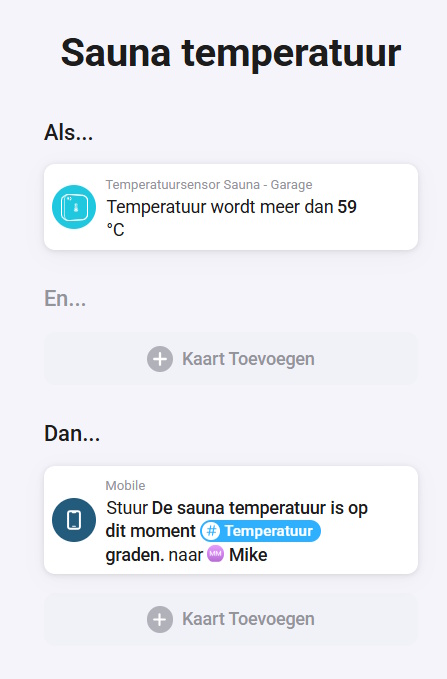 Voorbeeld van een Homey flow met een DS18B20 temperatuursensor