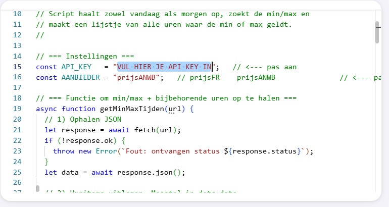 De instellingen bovenin het HomeyScript voor stroomprijzen