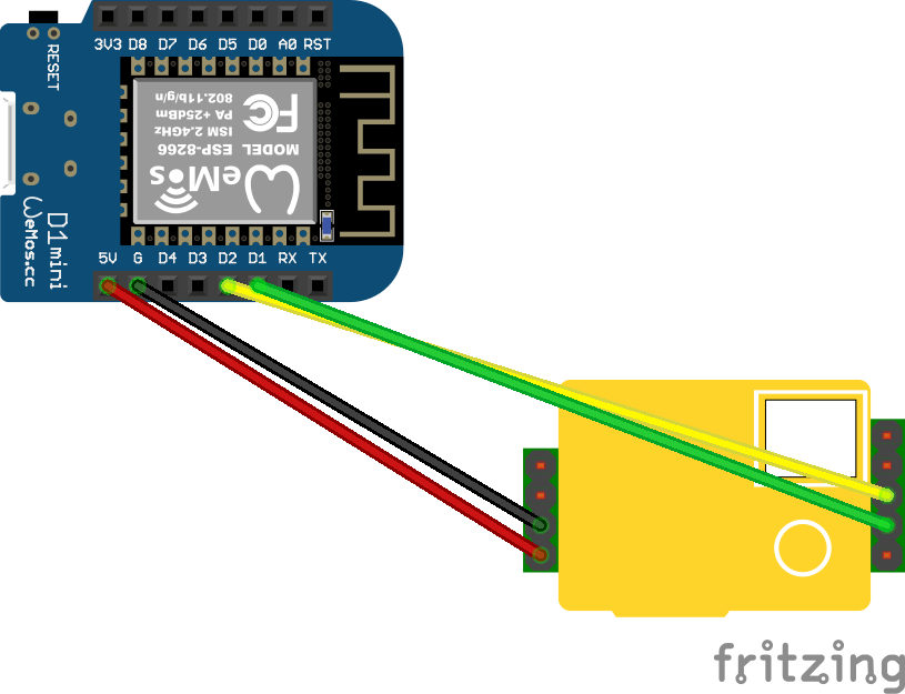 Aansluitschema van de MH-Z19B op de Wemos D1 Mini via UART