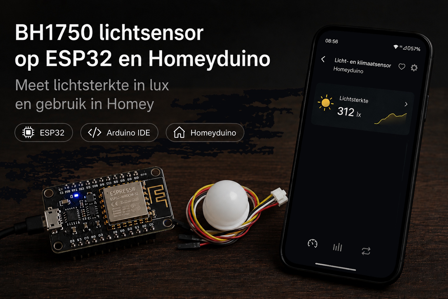 BH1750 lichtsensor aangesloten op een ESP32 DevKit voor Homeyduino