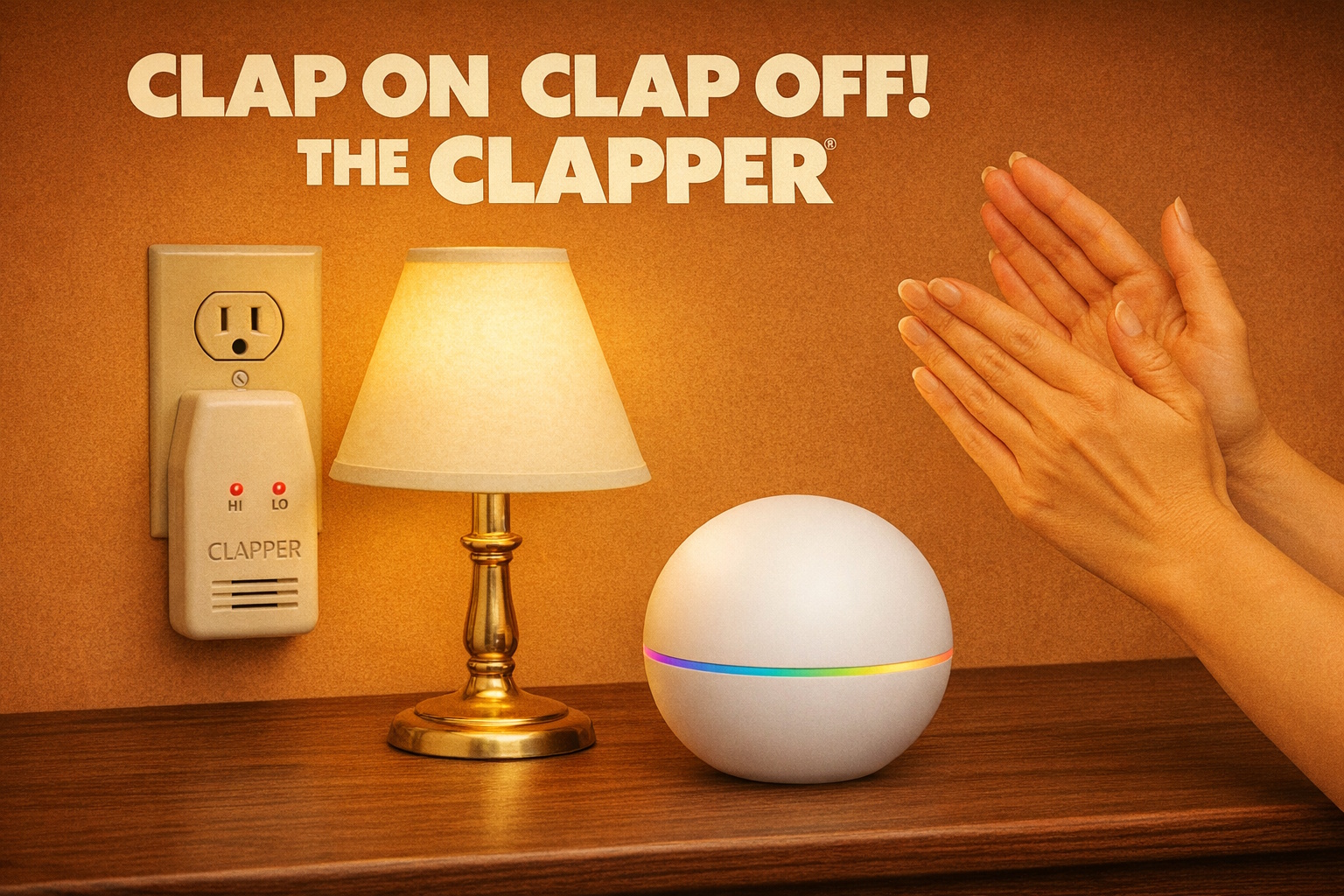 Illustratie van de originele Clapper naast een moderne smart-home speaker en lamp