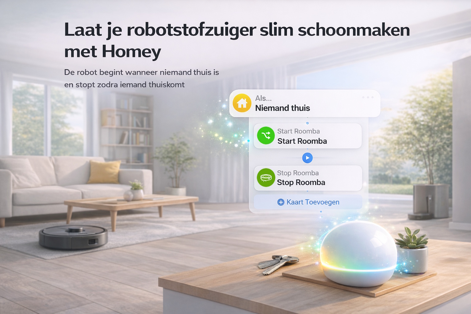 Homey die een robotstofzuiger automatisch aanstuurt op basis van aanwezigheid