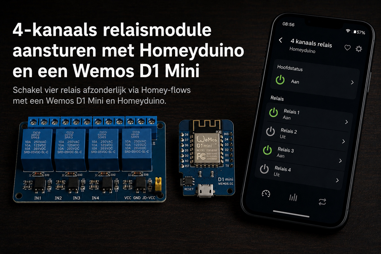 4-kanaals relaismodule gekoppeld aan Homey via Homeyduino