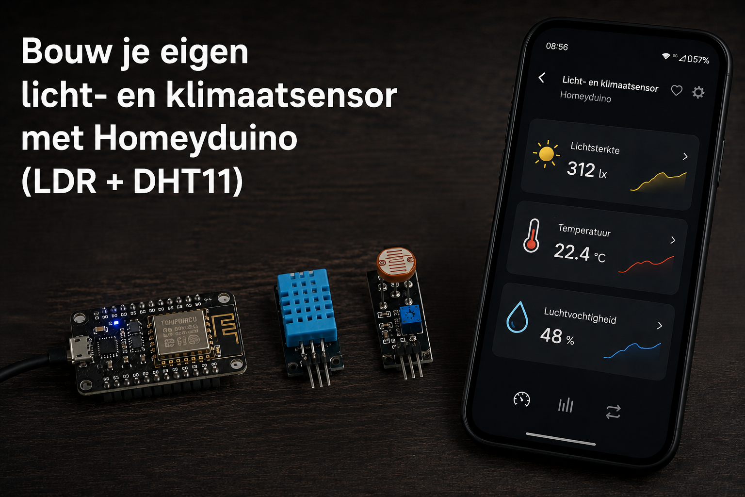 Zelfgebouwde licht- en klimaatsensor met LDR, DHT11 en Homeyduino