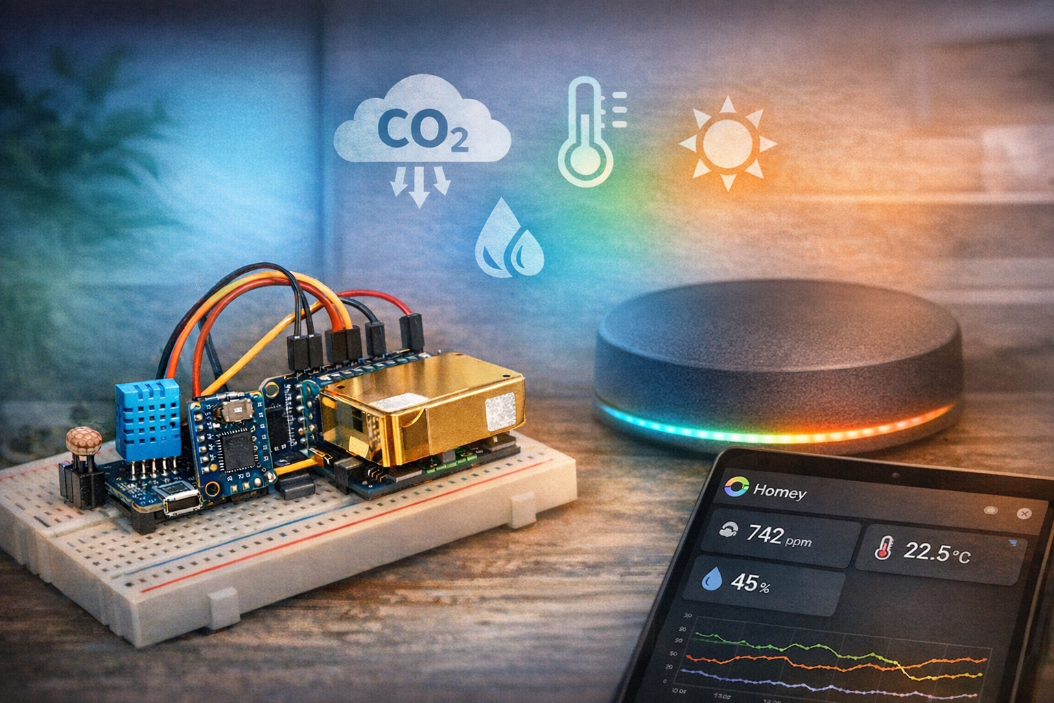 Zelfgebouwde CO₂ multi-sensor met Wemos D1 Mini, MH-Z19, DHT11 en LDR